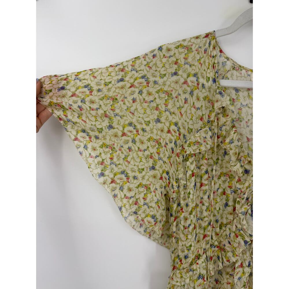 Doen Antoinette Maxi Dress Yellow Victoria Floral Printed Silk Ruffle Sheer M - Picture 6 of 13